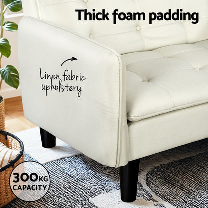 3-Seater Sofa Bed Tufted Faux Linen - Beige