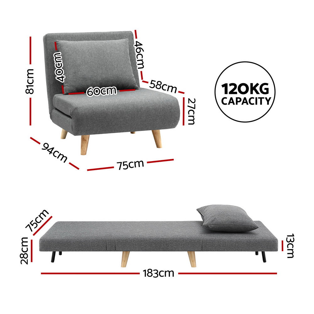 1-Seater Sofa Bed Convertible Couch - Linen Grey