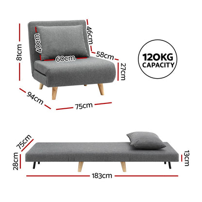 1-Seater Sofa Bed Convertible Couch - Linen Grey
