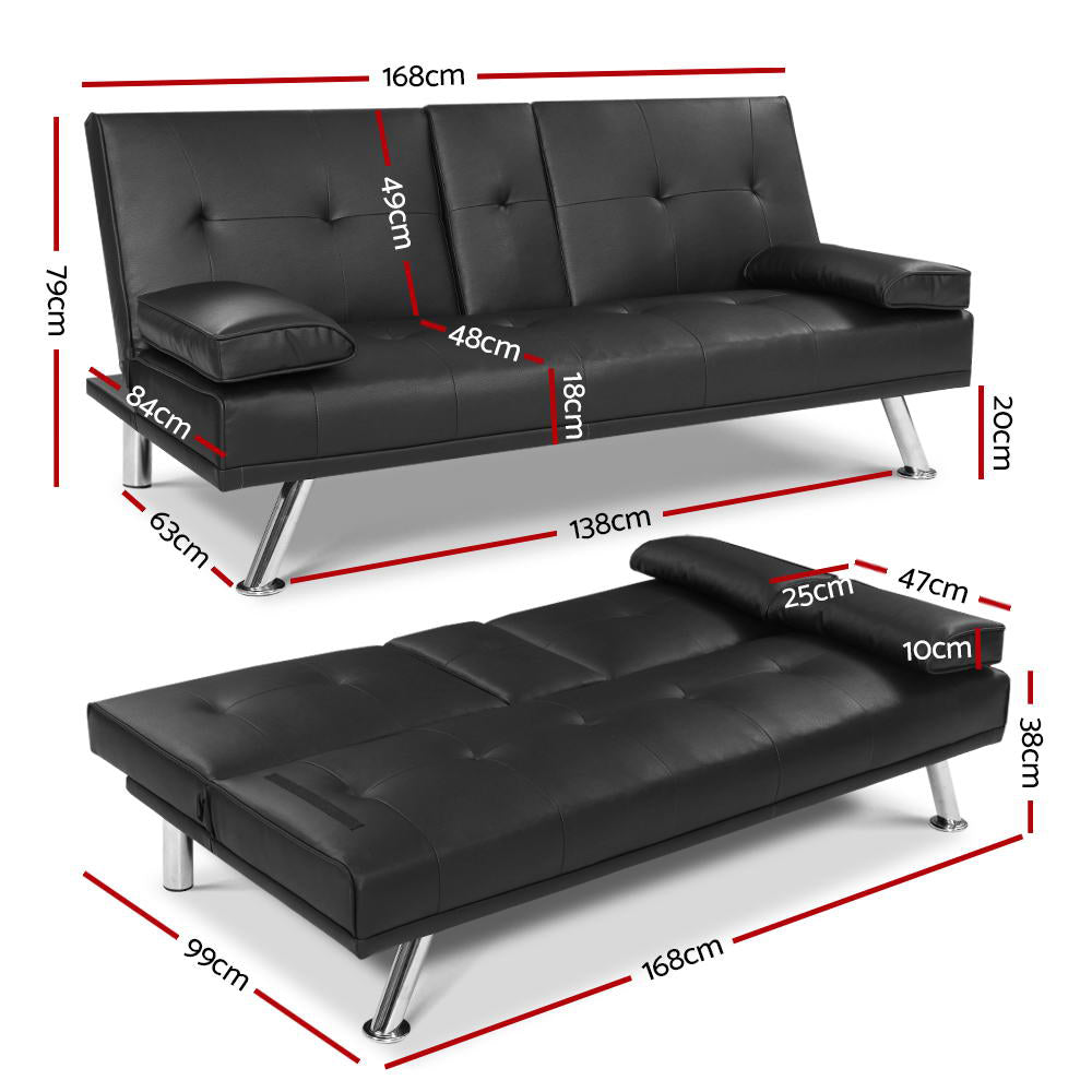 3-Seater Sofa Bed 168CM - Black PU Leather