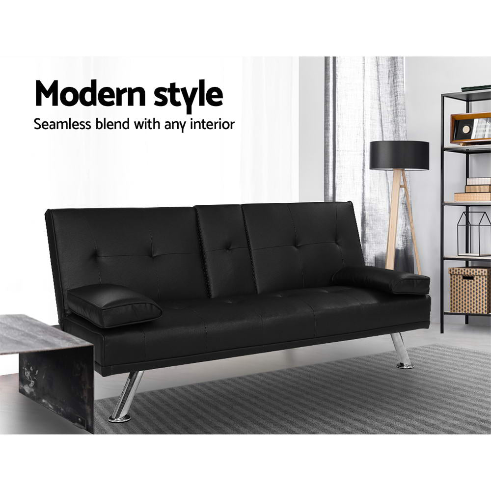 3-Seater Sofa Bed 168CM - Black PU Leather