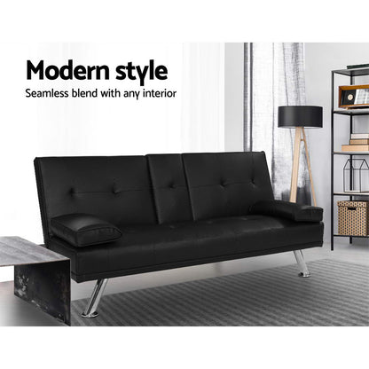 3-Seater Sofa Bed 168CM - Black PU Leather