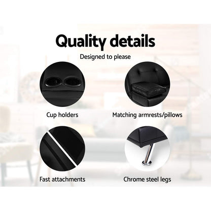 3-Seater Sofa Bed 168CM - Black PU Leather