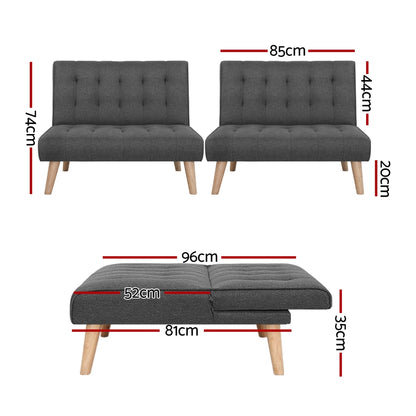 Set of 2 Sofa Bed Couch Single Seater Fabric - Grey