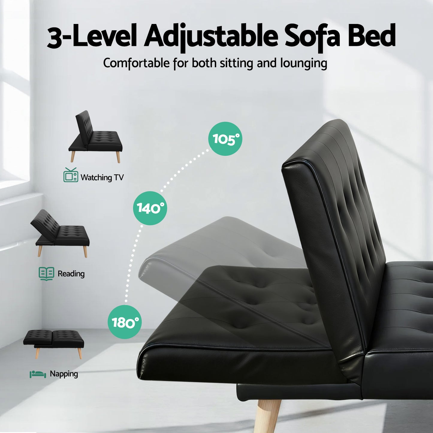 1-Seater Sofa Bed Couch Lounge - Fabric Black