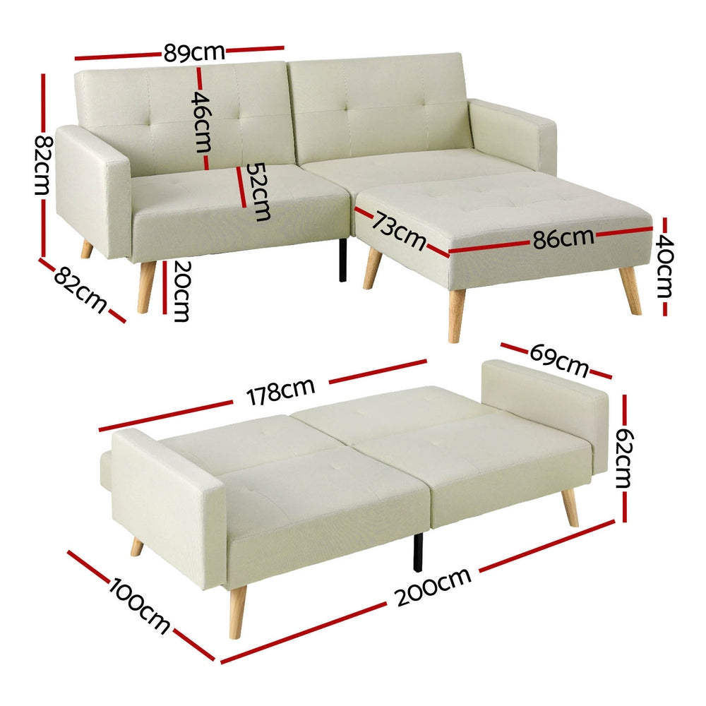 Scott Sofa Bed Lounge with Ottoman 3-Seater Fabric - Beige