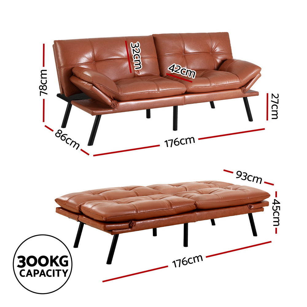 3-Seater Sofa Bed Convertible Couch - Leather Brown