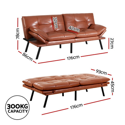 3-Seater Sofa Bed Convertible Couch - Leather Brown
