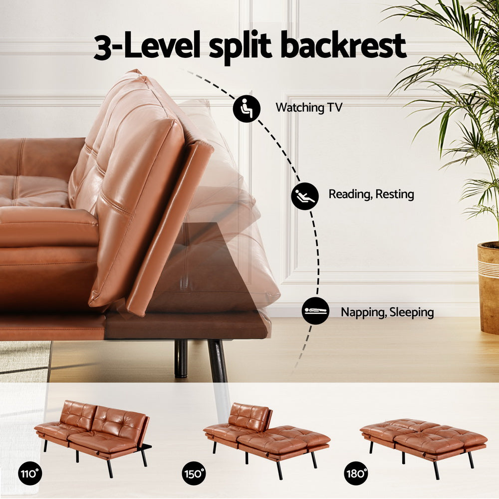 3-Seater Sofa Bed Convertible Couch - Leather Brown