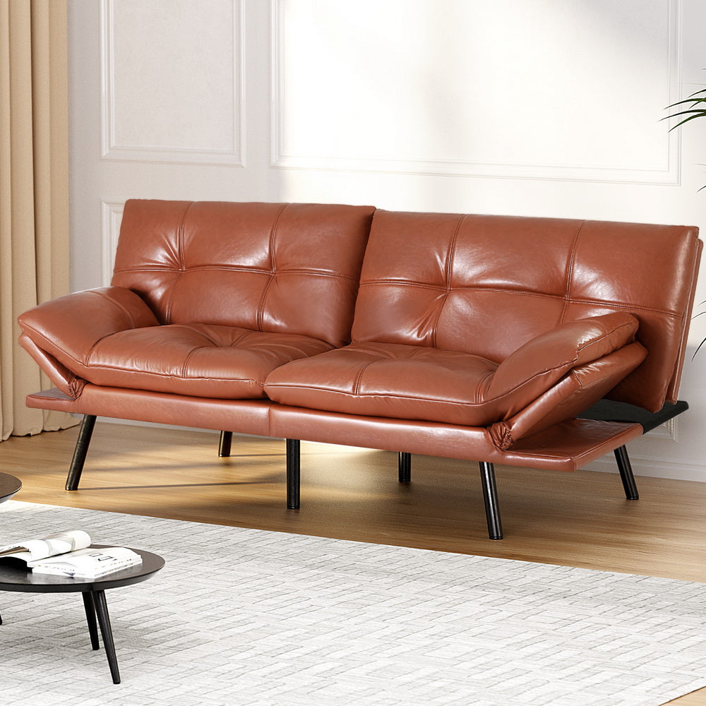 3-Seater Sofa Bed Convertible Couch - Leather Brown