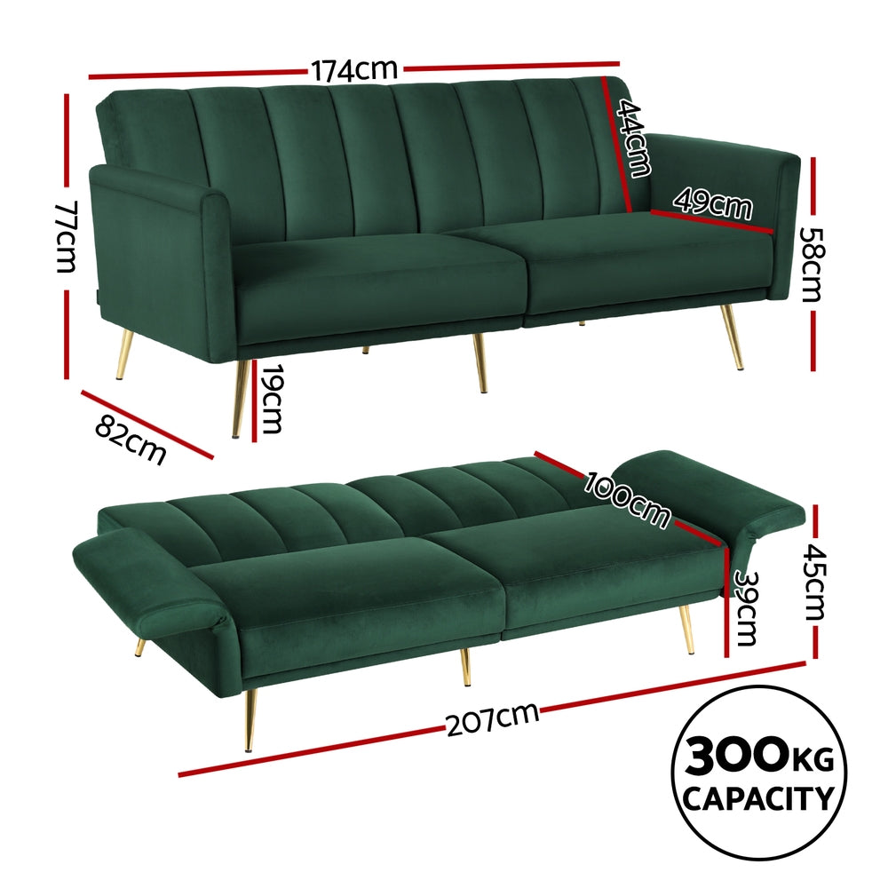 3-Seater Sofa Bed Couch Convertible Lounge in Velvet - Green