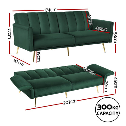 3-Seater Sofa Bed Couch Convertible Lounge in Velvet - Green
