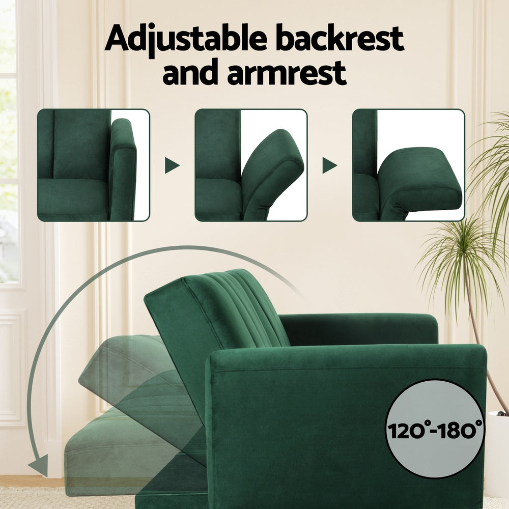 3-Seater Sofa Bed Couch Convertible Lounge in Velvet - Green