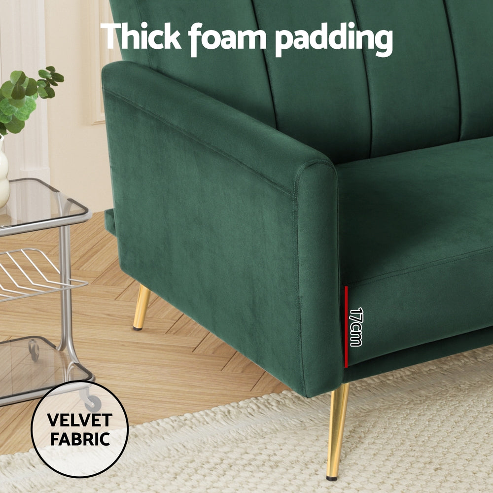 3-Seater Sofa Bed Couch Convertible Lounge in Velvet - Green
