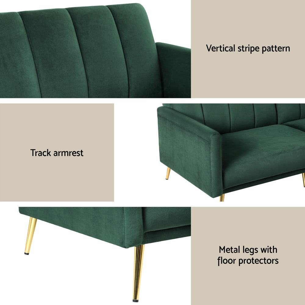 3-Seater Sofa Bed Couch Convertible Lounge in Velvet - Green