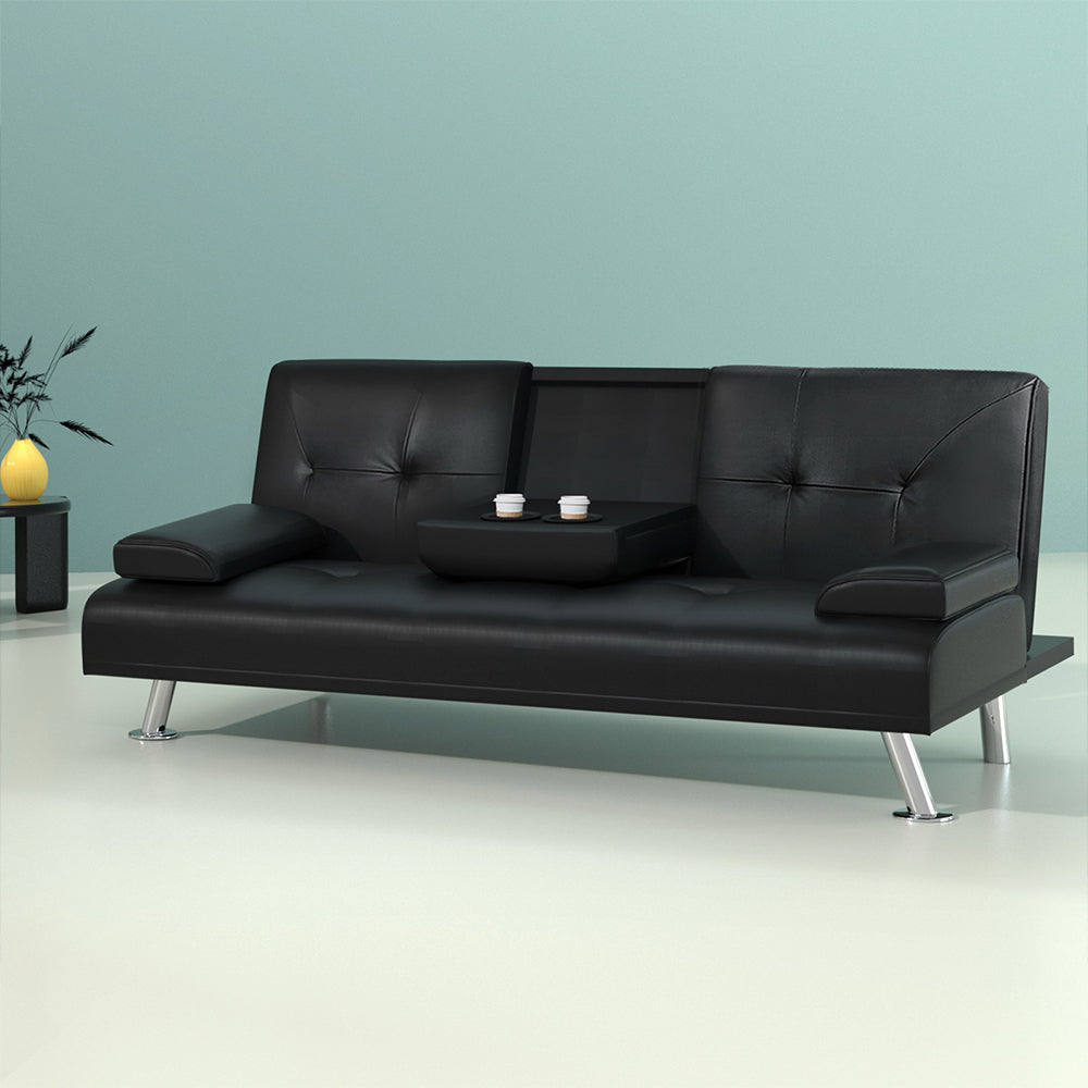 3-Seater Sofa Bed Convertible Lounge - Black Leather