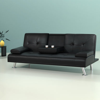 3-Seater Sofa Bed Convertible Lounge - Black Leather