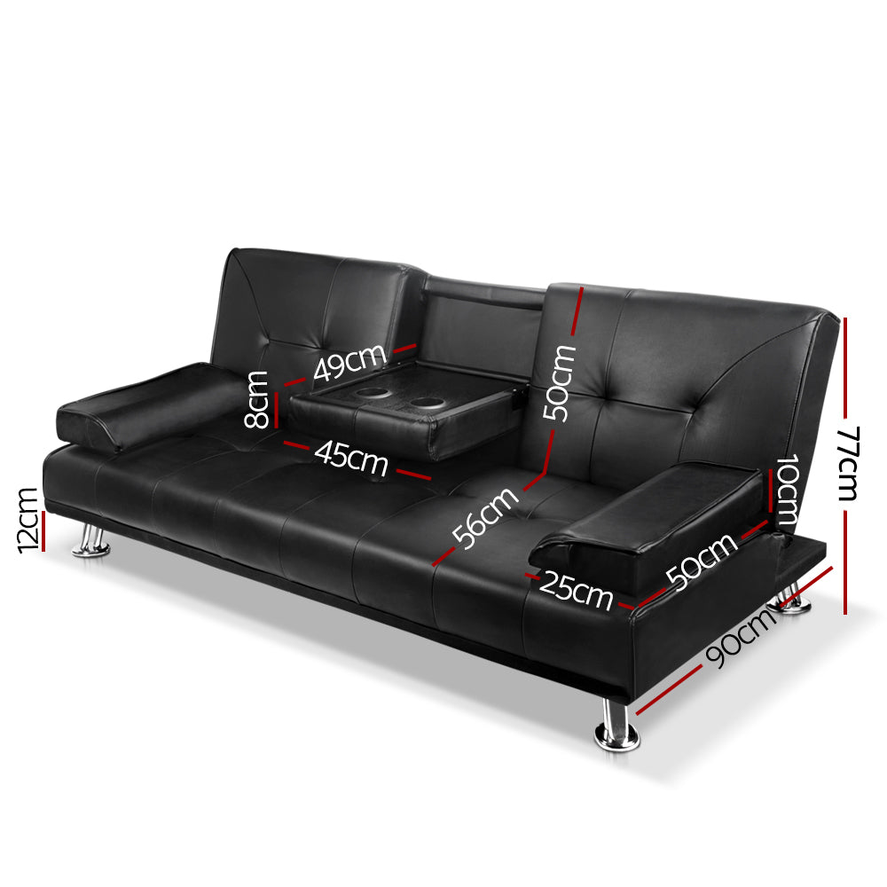3-Seater Sofa Bed Convertible Lounge - Black Leather