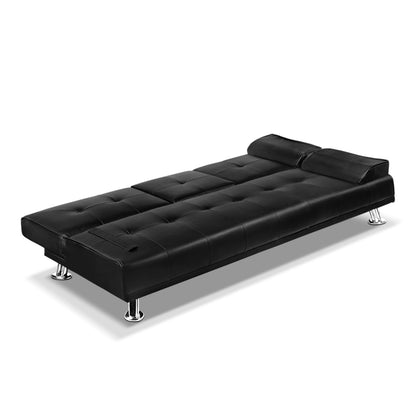 3-Seater Sofa Bed Convertible Lounge - Black Leather