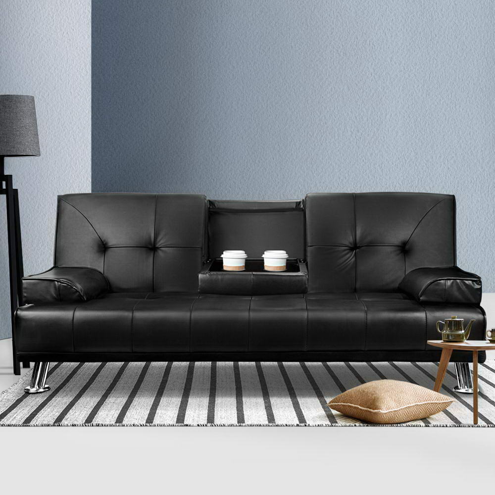 3-Seater Sofa Bed Convertible Lounge - Black Leather