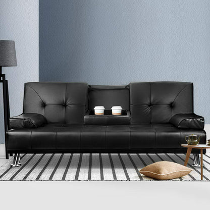 3-Seater Sofa Bed Convertible Lounge - Black Leather