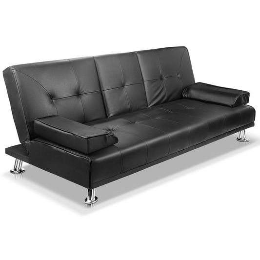 3-Seater Sofa Bed Convertible Lounge - Black Leather