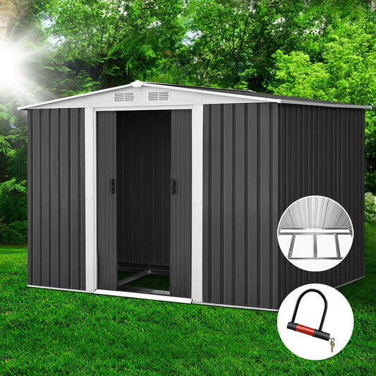 2.58x2.07M Garden Shed w/Metal Base Shed Double Door - Grey