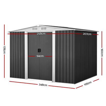 2.58x2.07M Garden Shed w/Metal Base Shed Double Door - Grey