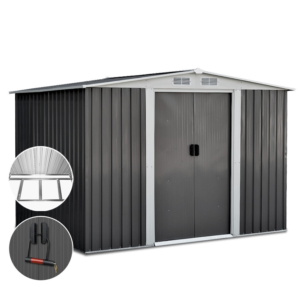 2.58x2.07M Garden Shed w/Metal Base Shed Double Door - Grey