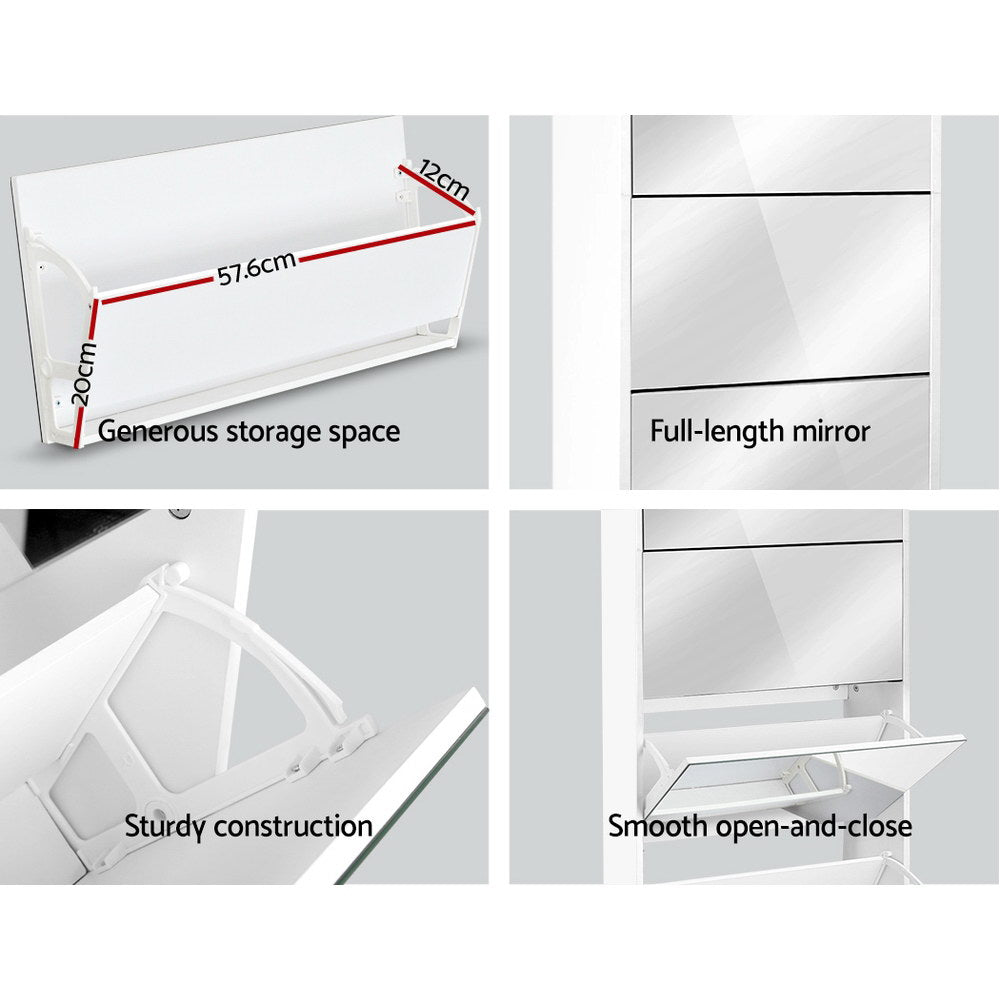 Artiss Shoe Rack Cabinet Mirror (25 Pairs) White