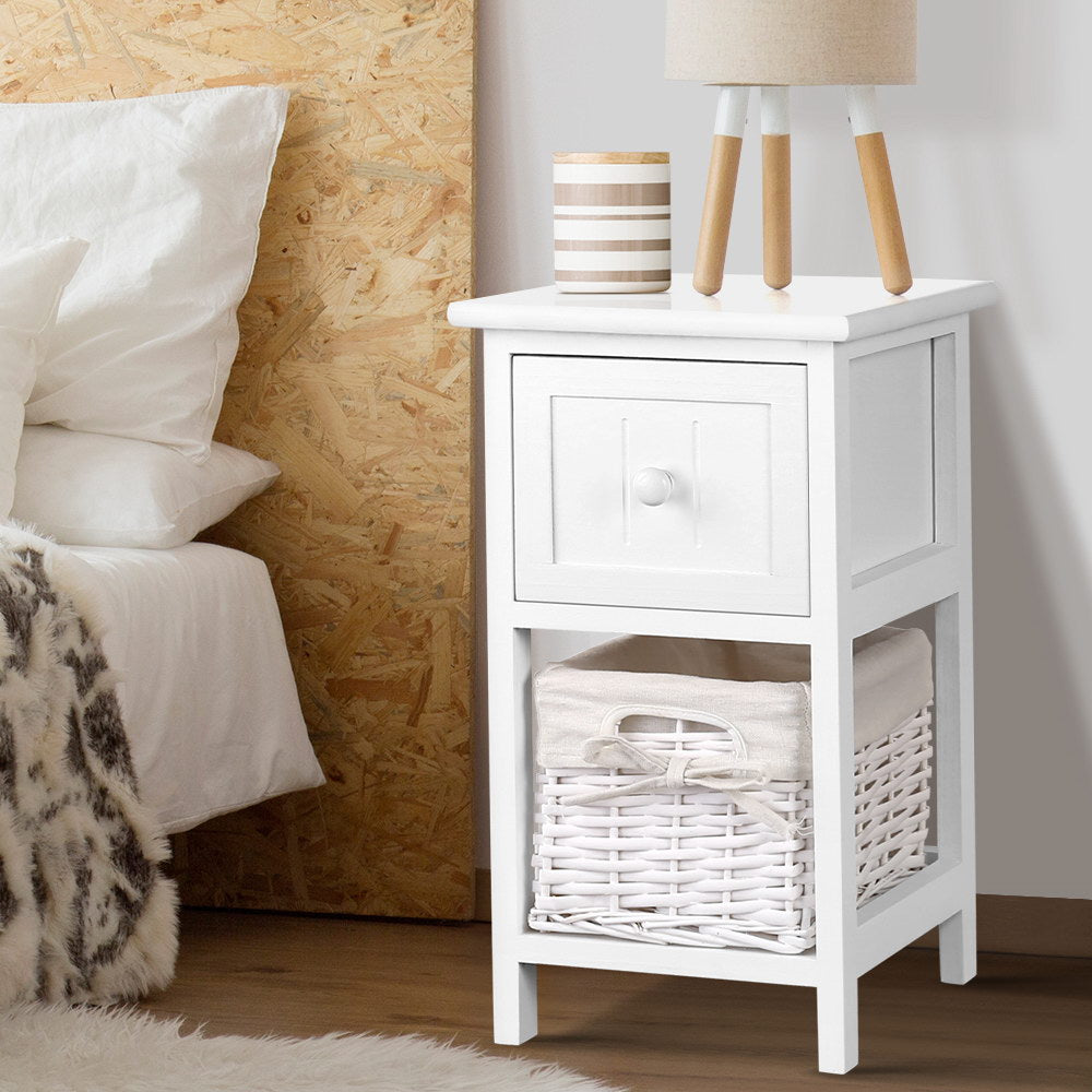 Set of 2 Claire Bedside Table 1 Drawer with Basket Rustic - White