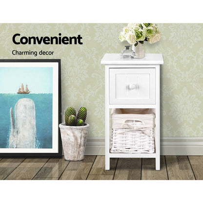 Set of 2 Claire Bedside Table 1 Drawer with Basket Rustic - White