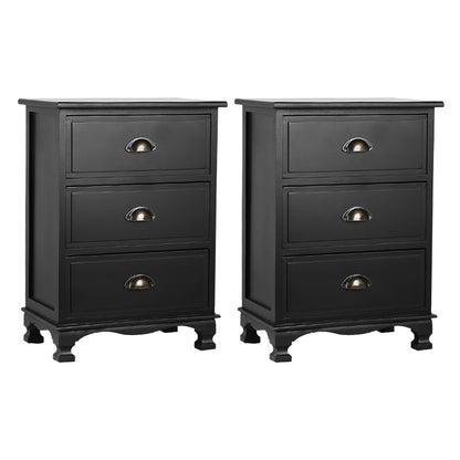 Set of 2 Thyme Vintage Bedside Table 3 Drawers - Black