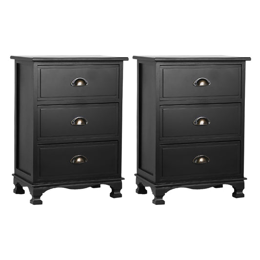 Set of 2 Thyme Vintage Bedside Table 3 Drawers - Black