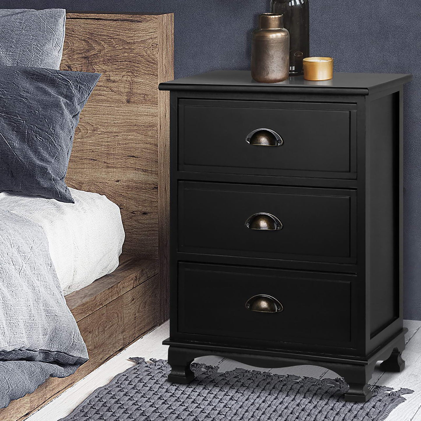 Set of 2 Thyme Vintage Bedside Table 3 Drawers - Black
