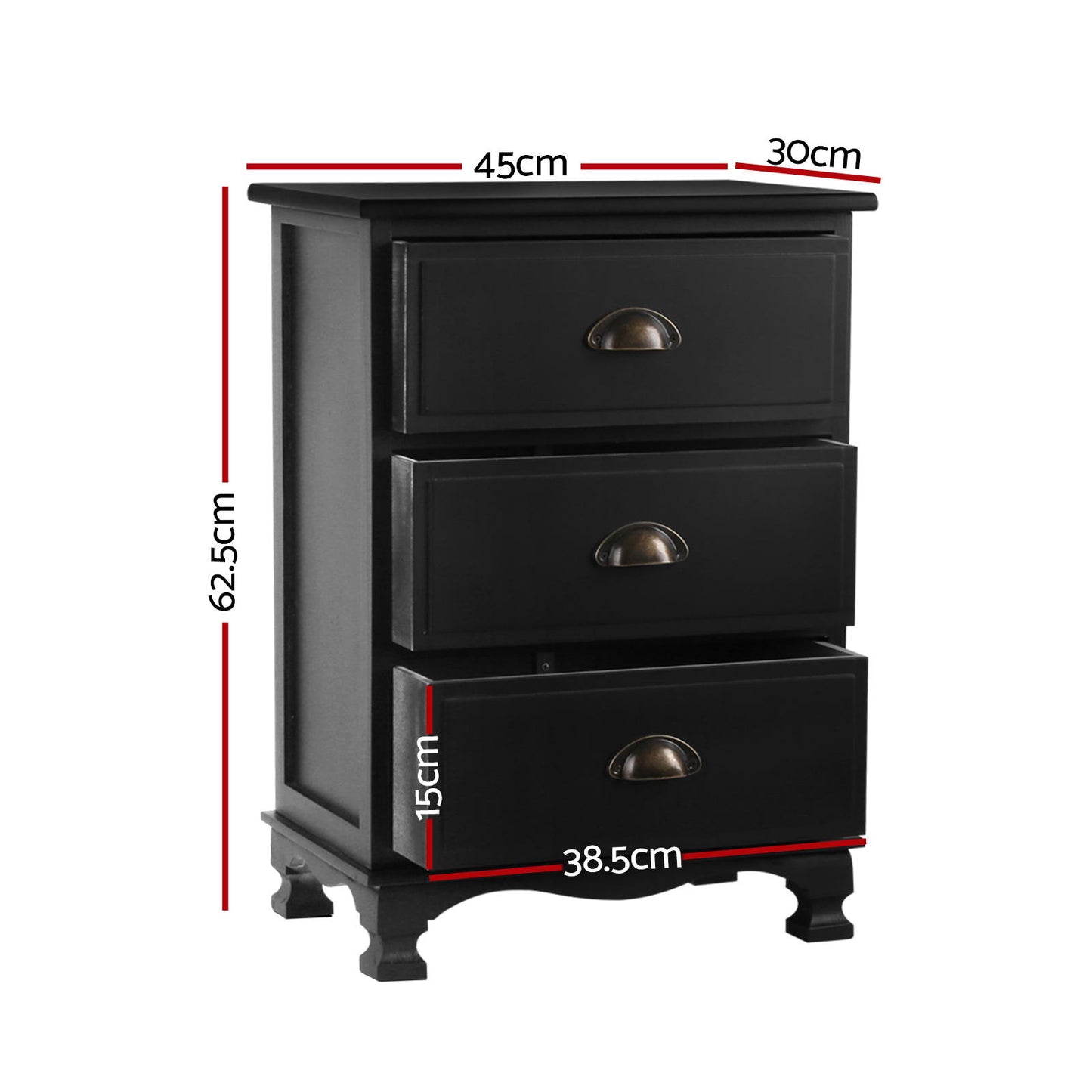 Set of 2 Thyme Vintage Bedside Table 3 Drawers - Black