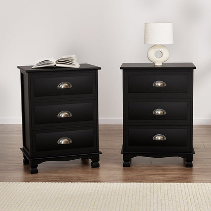 Set of 2 Thyme Vintage Bedside Table 3 Drawers - Black