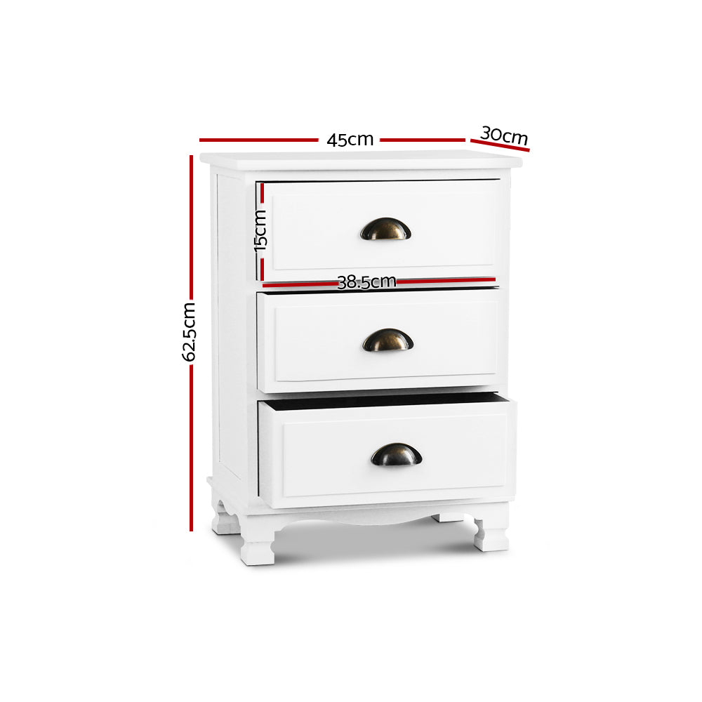Thyme Vintage Bedside Table 3 Drawers - White