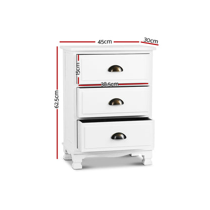 Thyme Vintage Bedside Table 3 Drawers - White