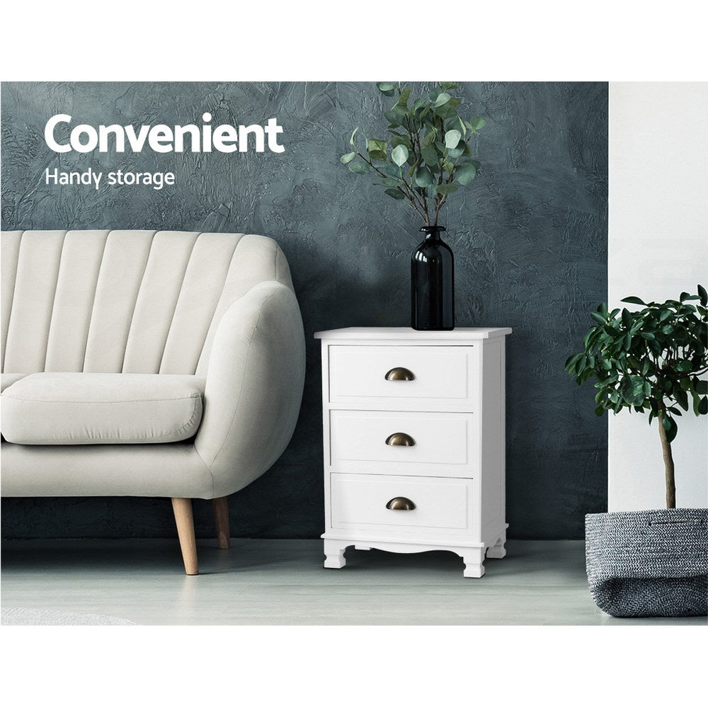 Thyme Vintage Bedside Table 3 Drawers - White