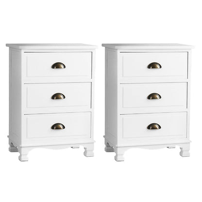 Set of 2 Thyme Vintage Bedside Table 3 Drawers - White