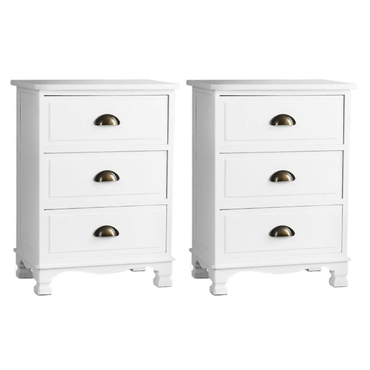 Set of 2 Thyme Vintage Bedside Table 3 Drawers - White