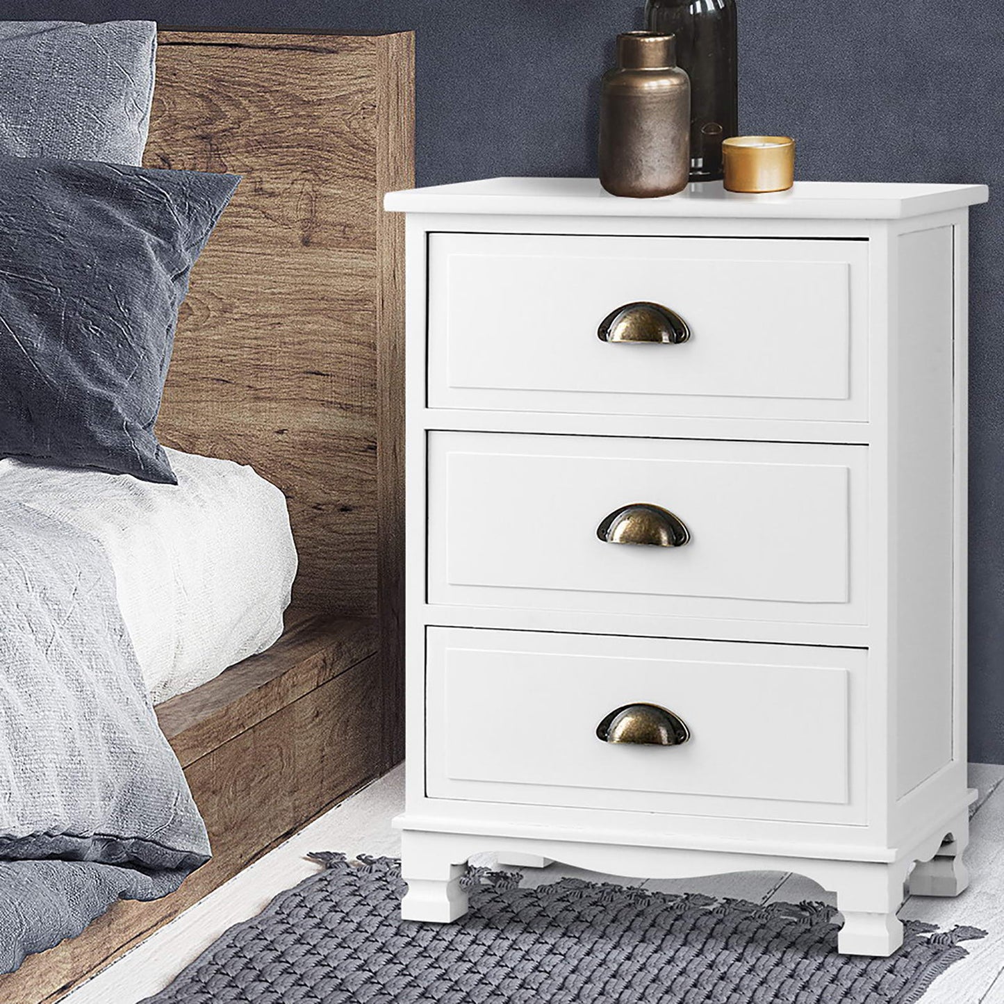 Set of 2 Thyme Vintage Bedside Table 3 Drawers - White