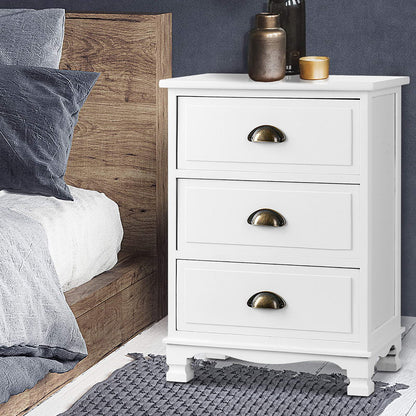 Set of 2 Thyme Vintage Bedside Table 3 Drawers - White
