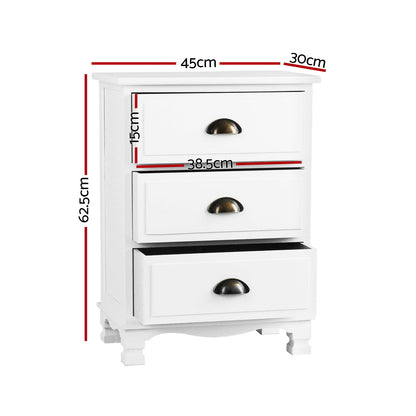 Set of 2 Thyme Vintage Bedside Table 3 Drawers - White