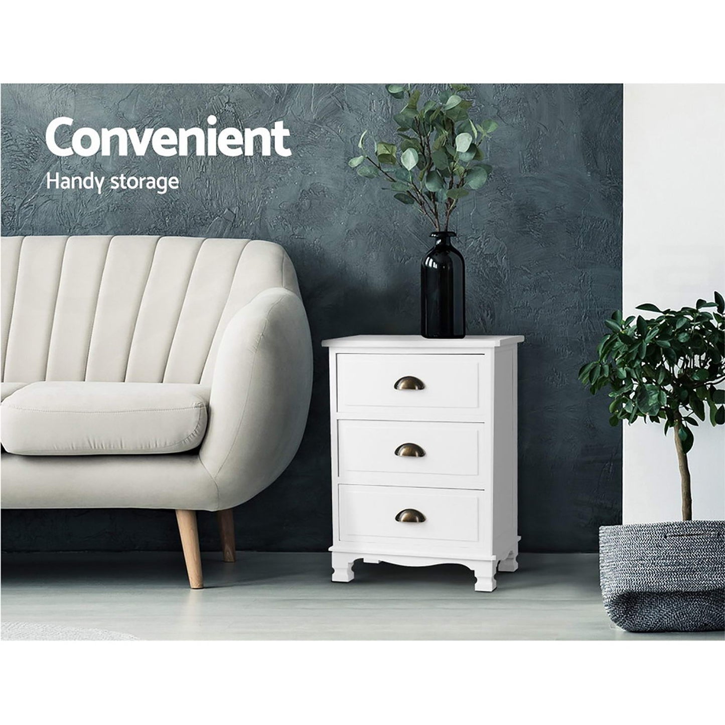 Set of 2 Thyme Vintage Bedside Table 3 Drawers - White