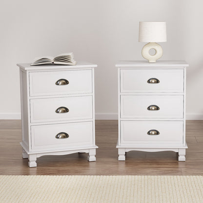 Set of 2 Thyme Vintage Bedside Table 3 Drawers - White