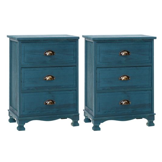 Set of 2 Vintage Thyme Bedside Table 3 Drawers - Blue