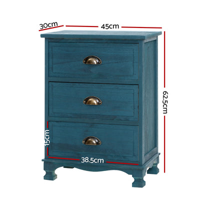 Set of 2 Vintage Thyme Bedside Table 3 Drawers - Blue