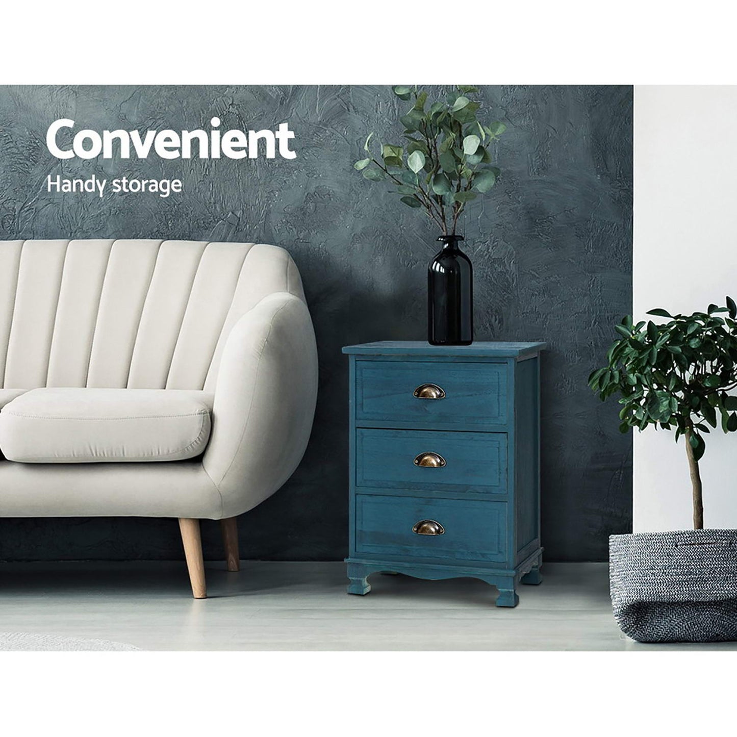 Set of 2 Vintage Thyme Bedside Table 3 Drawers - Blue